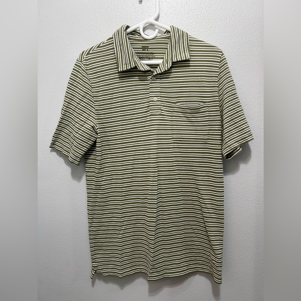 Patagonia organic cotton green and white striped polo shirt size medium